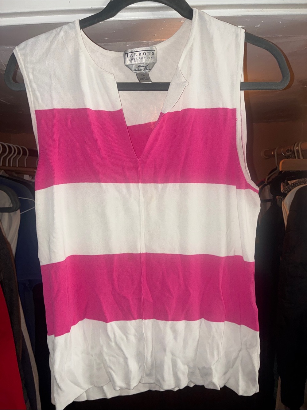 Talbots Bold Pink and White Striped Sleeveless V-Neck Top